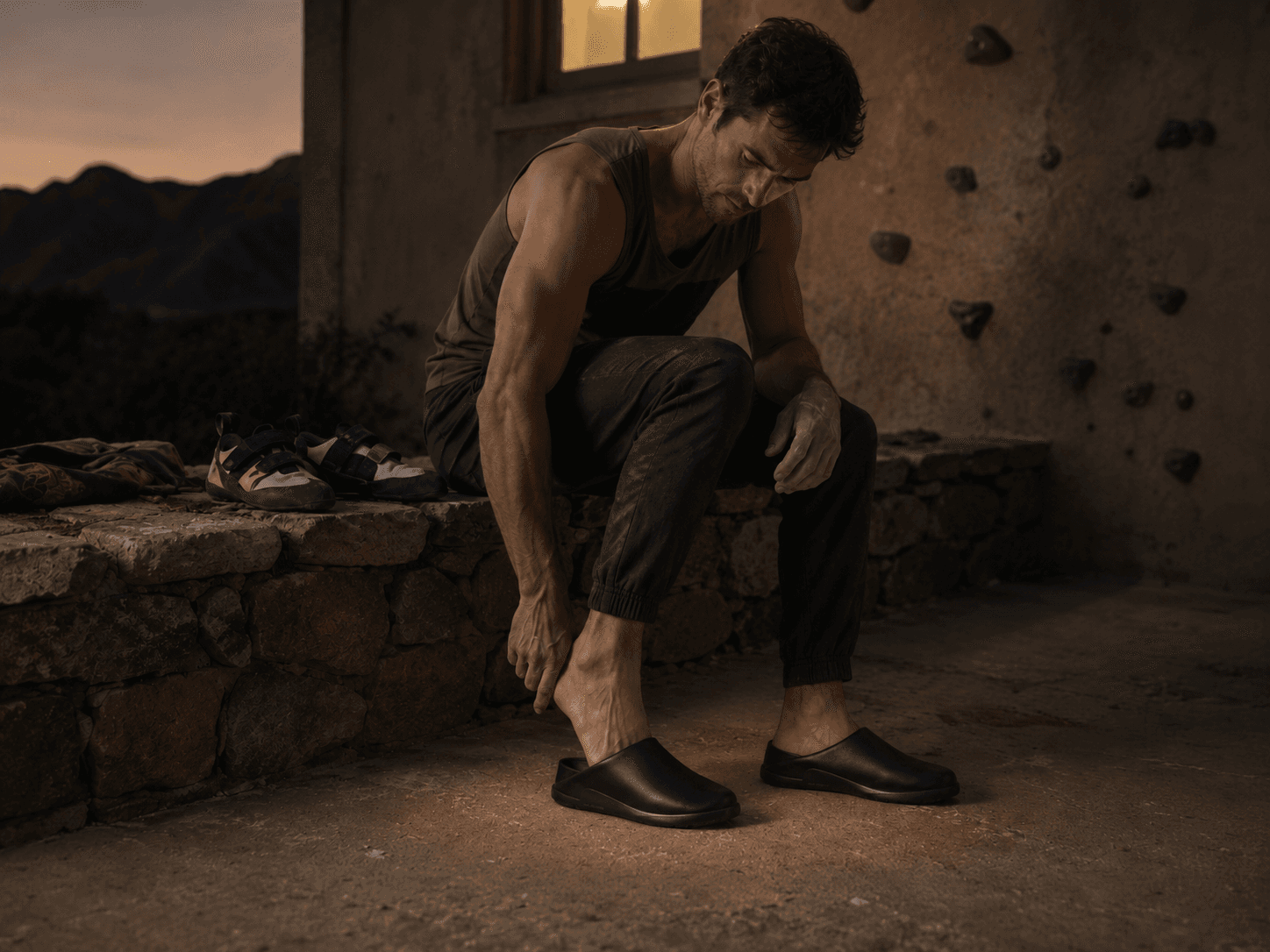 Climber resting on a stone bench at dusk, recovery mules on, training shoes set aside.