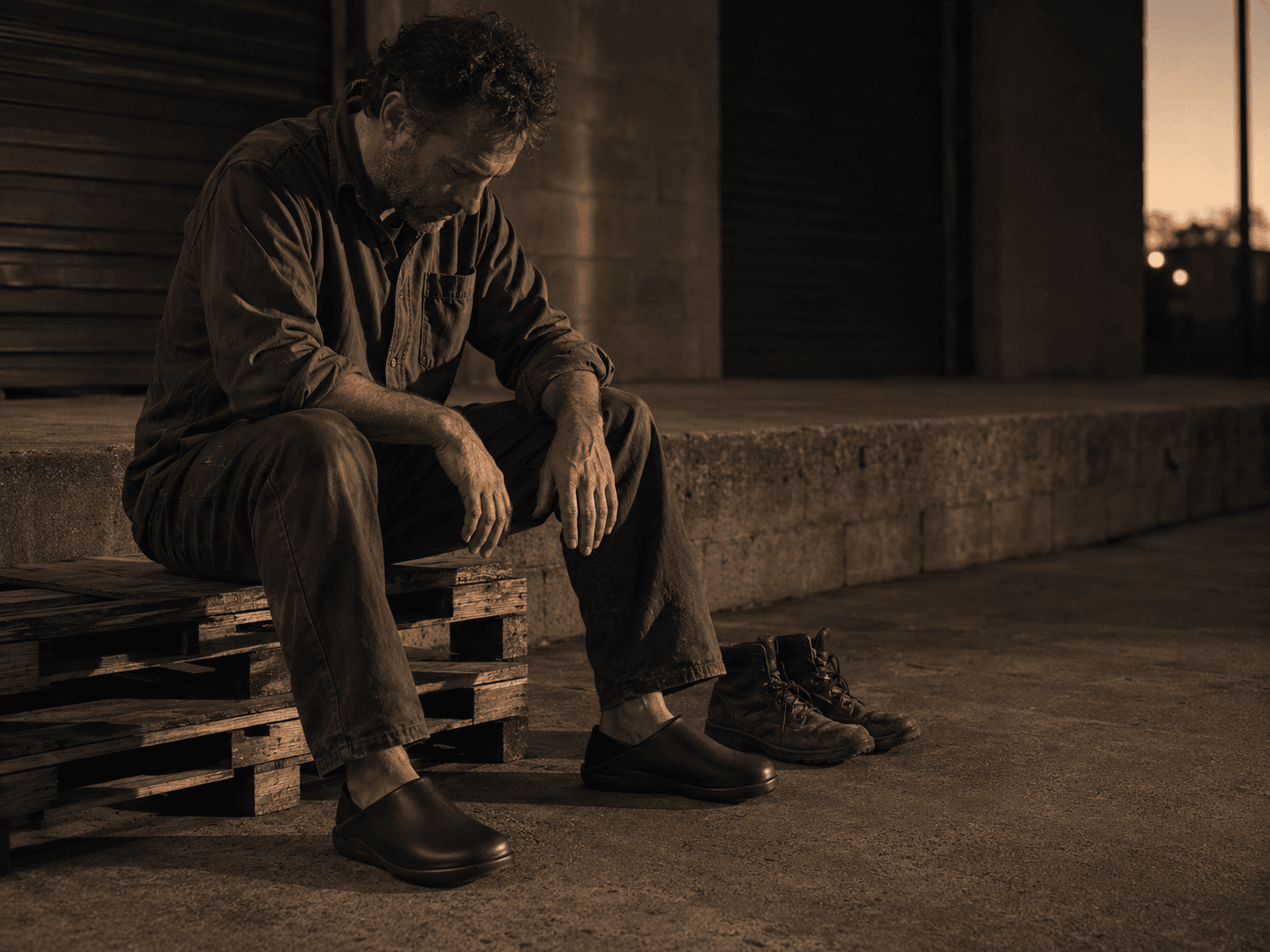 A worker in olive coveralls sits on a wooden pallet outside a warehouse at dusk, his work boots beside him, wearing black Inyo mules.